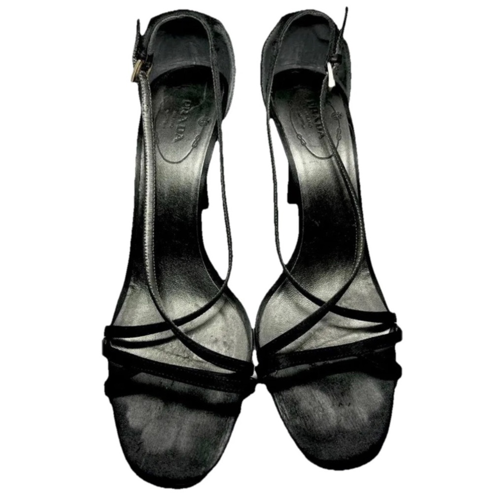 Prada Heels 38.5 Black Buckle Strap Leather Sandals